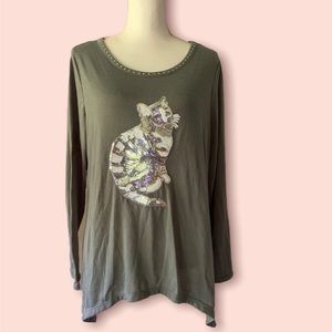 Gray Sequined Cat Long-sleeve Shark-bite Hem Tee large